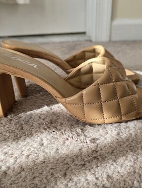 Soda Quilted Tan Slip-On Block Heel Mule